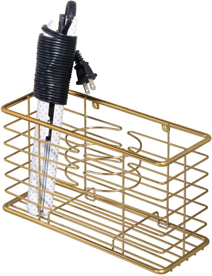 mDesign Farmhouse Metal Wire Bathroom Wall Mount Hair Care & Styling Tool Organizer Storage Basket for Hair Dryer, Flat Iron, Curling Wand, Hair Straightener, Brushes - Holds Hot Tools - Soft Brass : Beauty & Personal Care