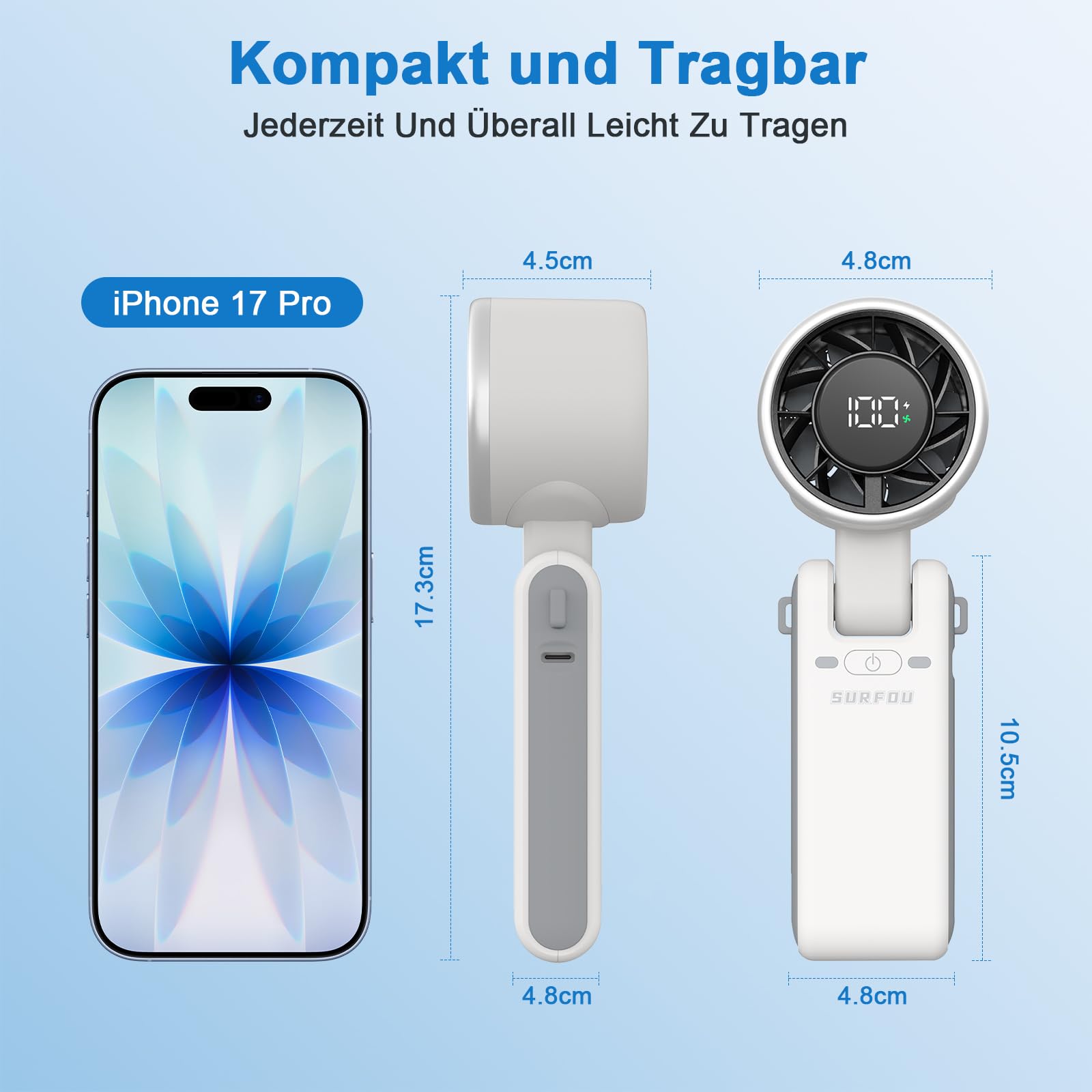 SURFOU Wentylator ręczny 4000 mAh, przenośny mini wentylator turbo z 5 stopniami, wskaźnik LED, składany, 3 w 1, ładowanie przez USB, wydajny do biura, podróży i na zewnątrz, biały