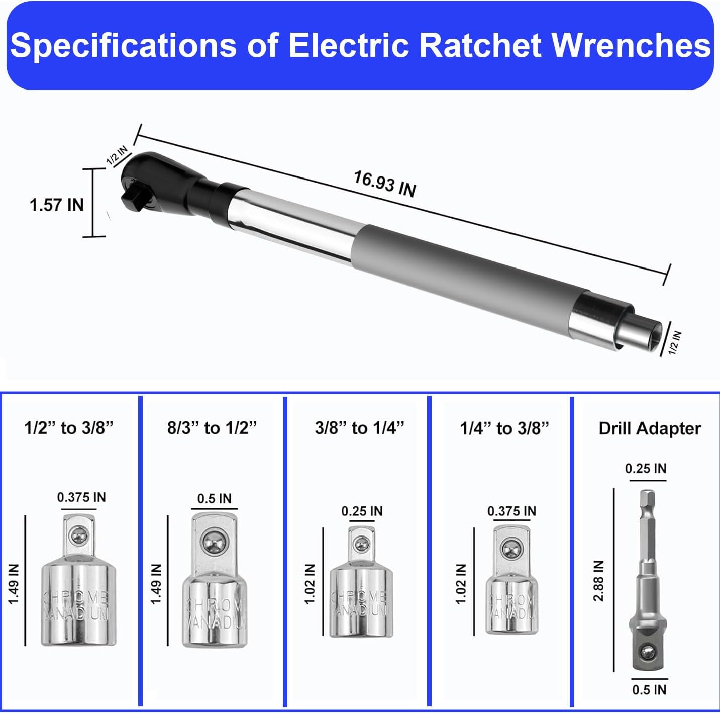Offset Extension Wrench Impact, Electric Ratchet Wrench, Chain Drive Wrench Extender, Compatible with 1/2" Sockets Drill Adapter, Slim Design for Tight Spaces (1)
