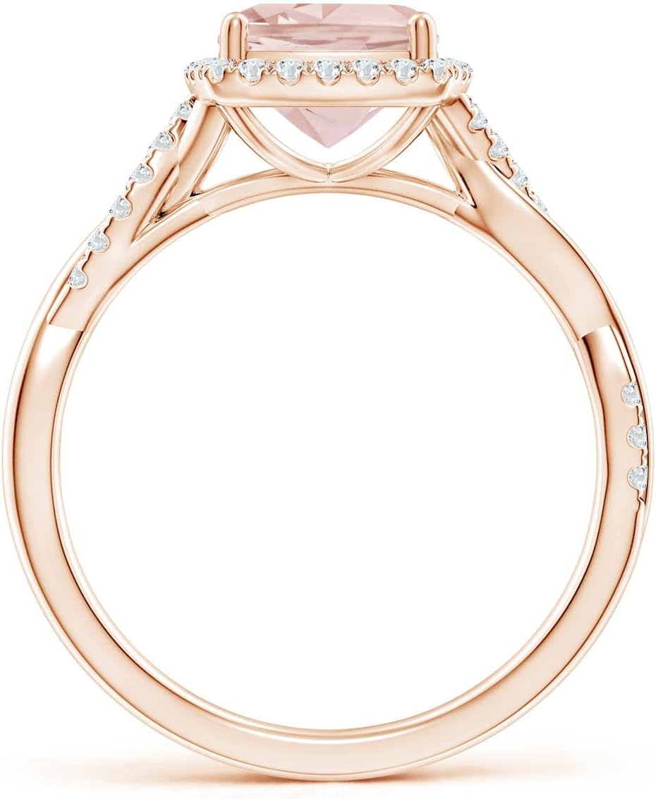 Angara Natural Morganite Engagement Ring for Women | Twisted Shank Cushion Morganite Halo Engagement Ring in Rose Gold | April Birthday, Gemstone Jewelry Gift | AAA | 7mm | Ring Size- 5.5
