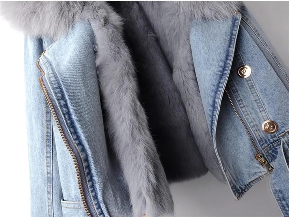 Chaqueta Vaquera con Cuello de Pelo cálido de Invierno para Mujer Chaqueta Corta de Felpa Gruesa con Forro elástico Chaqueta Holgada Desmontable de Invierno con Pelo Grueso