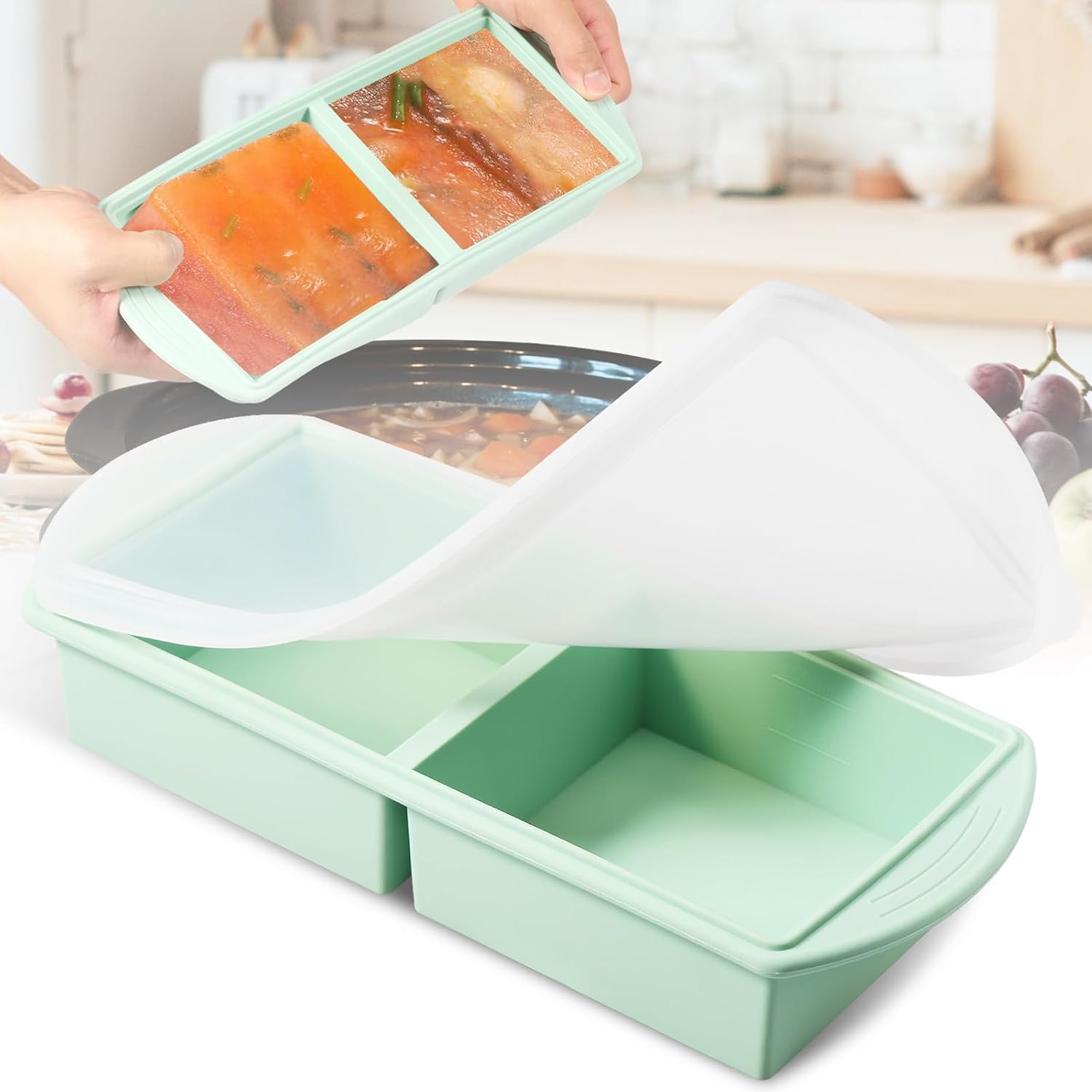 Silicone Freezer Tray with Lid, 4 Pieces, 2 Cup Soup Container, Ice Cube Trays for Freezer, Ice Cube Tray for Food, Storage of Soup, Sauce, Broth, Leftovers image 2