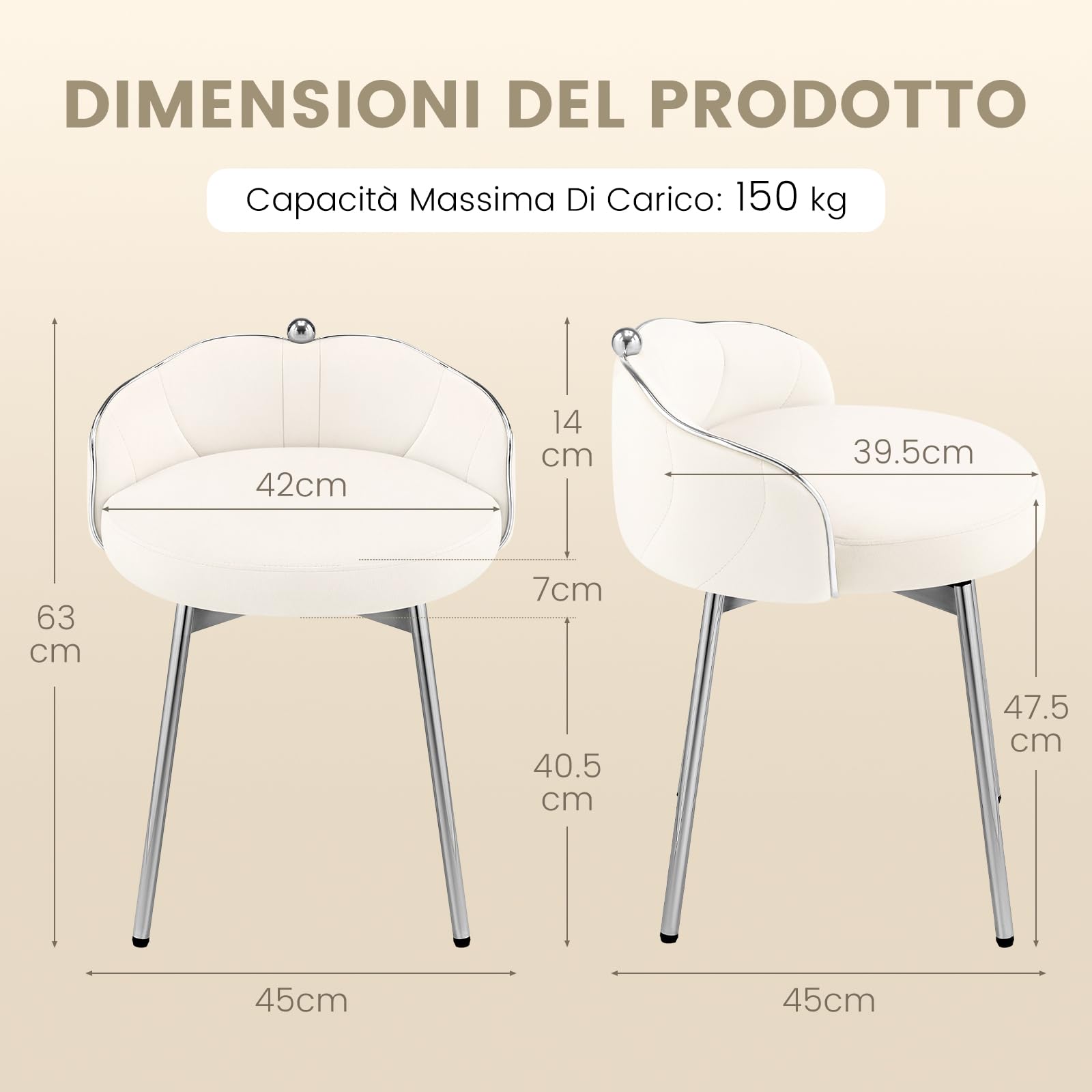 Hellove Sedia Trucco Girevole 360° in Velluto con Piedini Argento, Sgabello per Toeletta Trucco Rotondo, Pouf Poggiapiedi Pivotante con Schienale Curvo e Seduta Imbottita, Sgabelli per Camera, Beige