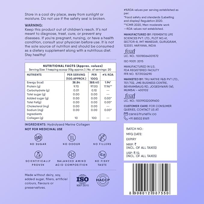 Image of Trunativ Collagen Supplements | Advanced Japanese Marine Collagen Powder for Women & Men | Type 1 and 3 Hydrolyzed Peptides | Supplement with Hyaluronic Acid | Supports Skin Glow, Hair Growth, and Nail Strength | Unflavoured | 60g (Pack of 1)