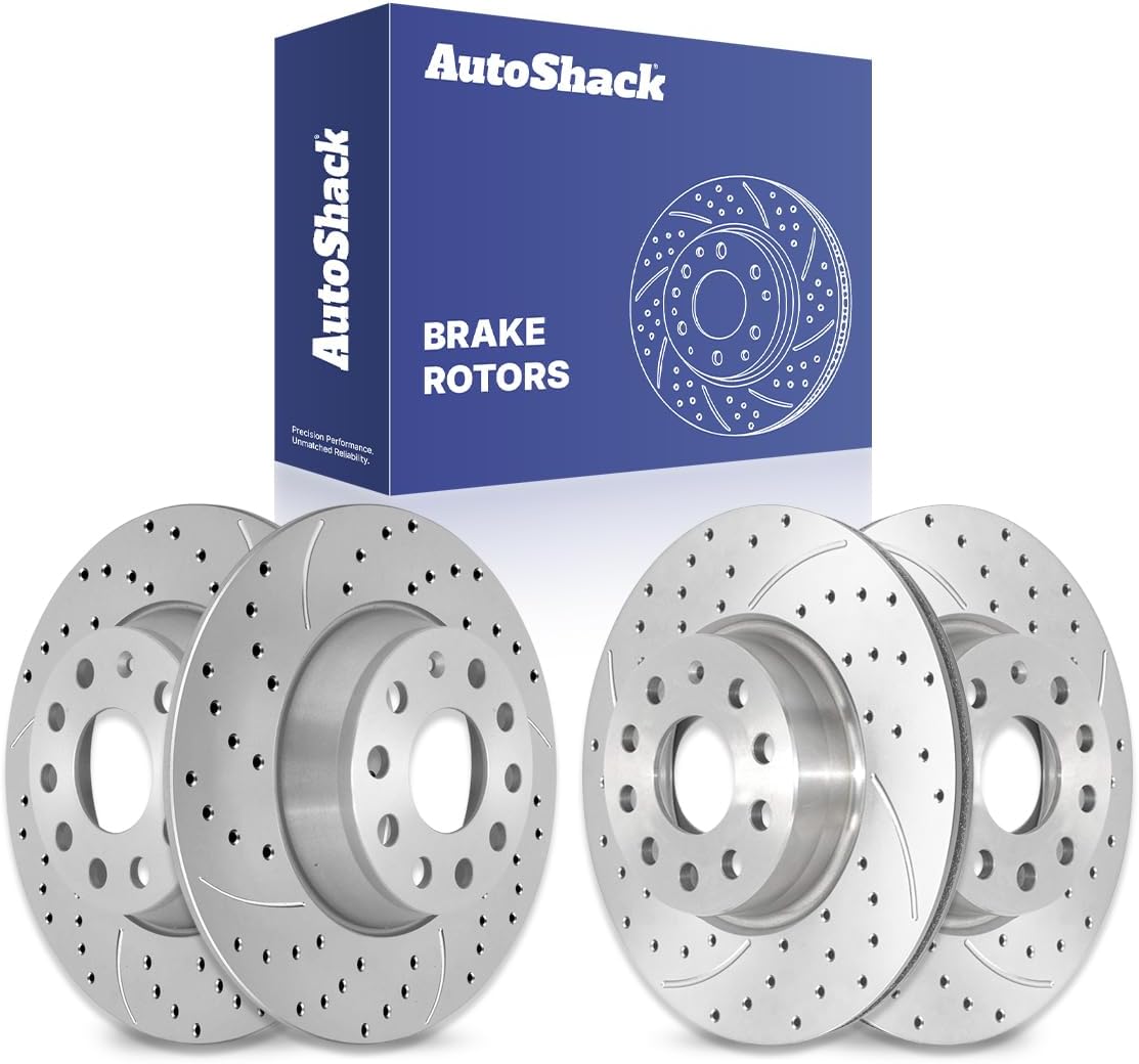 AutoShack Front Vented & Rear Solid Drilled & Slotted Coated Brake Rotors Silver Matte Finish 4-PC Set Replacement for 2005-2010 Volkswagen Jetta 2009-2017 Volkswagen Tiguan 2015 Audi Q3 TurboGuard