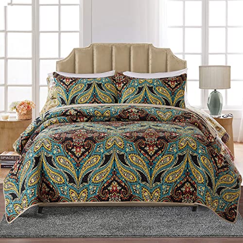 Honeilife Quilt Set Twin Size - 3 Piece Cotton Bedspreads Paisley Coverlet Lightweight Bedcover Warm Bedding Set All Season Quilts,Coffee #TOP1