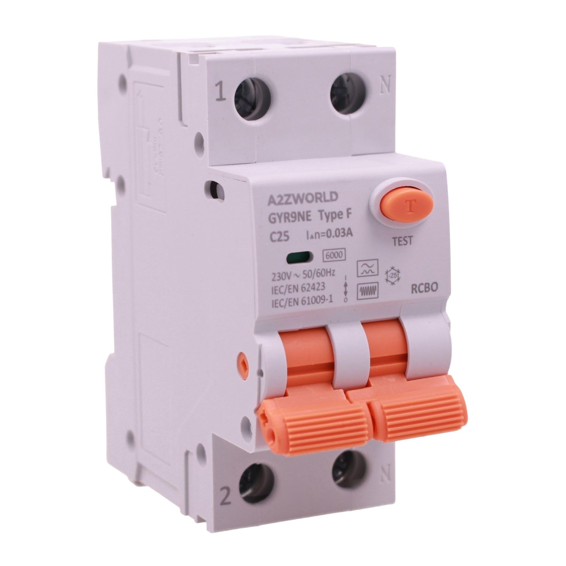 RCBO F typ 25A C25 przełącznik różnicowy z magnetotermalnym krzywą klasy F, 1P + N 6 kA, 30 mA, 2 moduły 230 VAC, podwójna dźwignia, do nowoczesnych instalacji elektronicznych