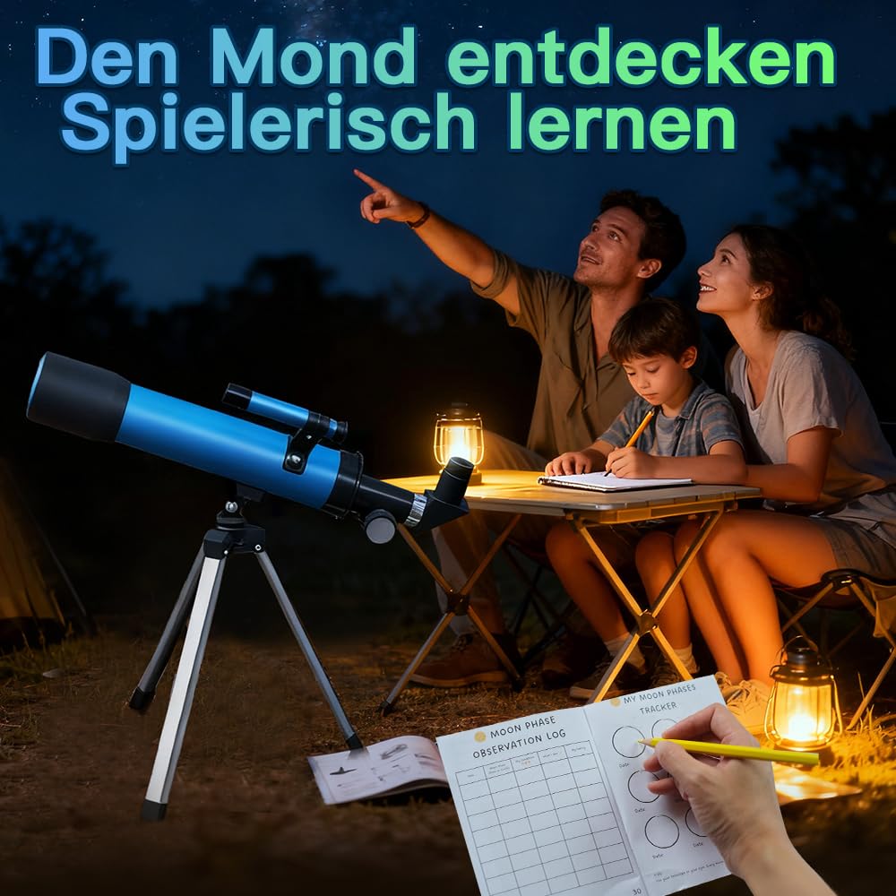 Teleskop für Kinder 8–12 Jahre, astronomisches Kinder-Teleskop mit Stativ, Anfänger-Teleskop 50 mm Öffnung, Mond, Vogelbeobachtung, pädagogisches Geschenk für Jungen und Mädchen, Alter 6–12
