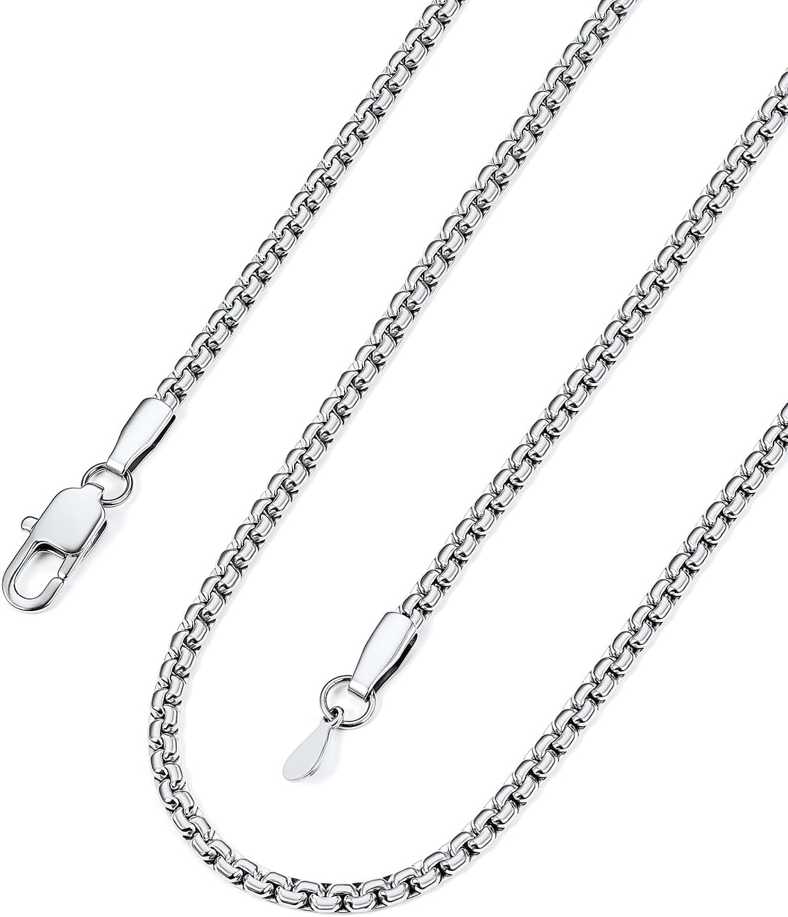 Solid Stainless Steel 2MM/4MM/6MM/8MM Flat Box Link Chains for Men Women Silver/Gold/Black Rolo Cable Chain Necklaces Length 14"-30", Gift Packed