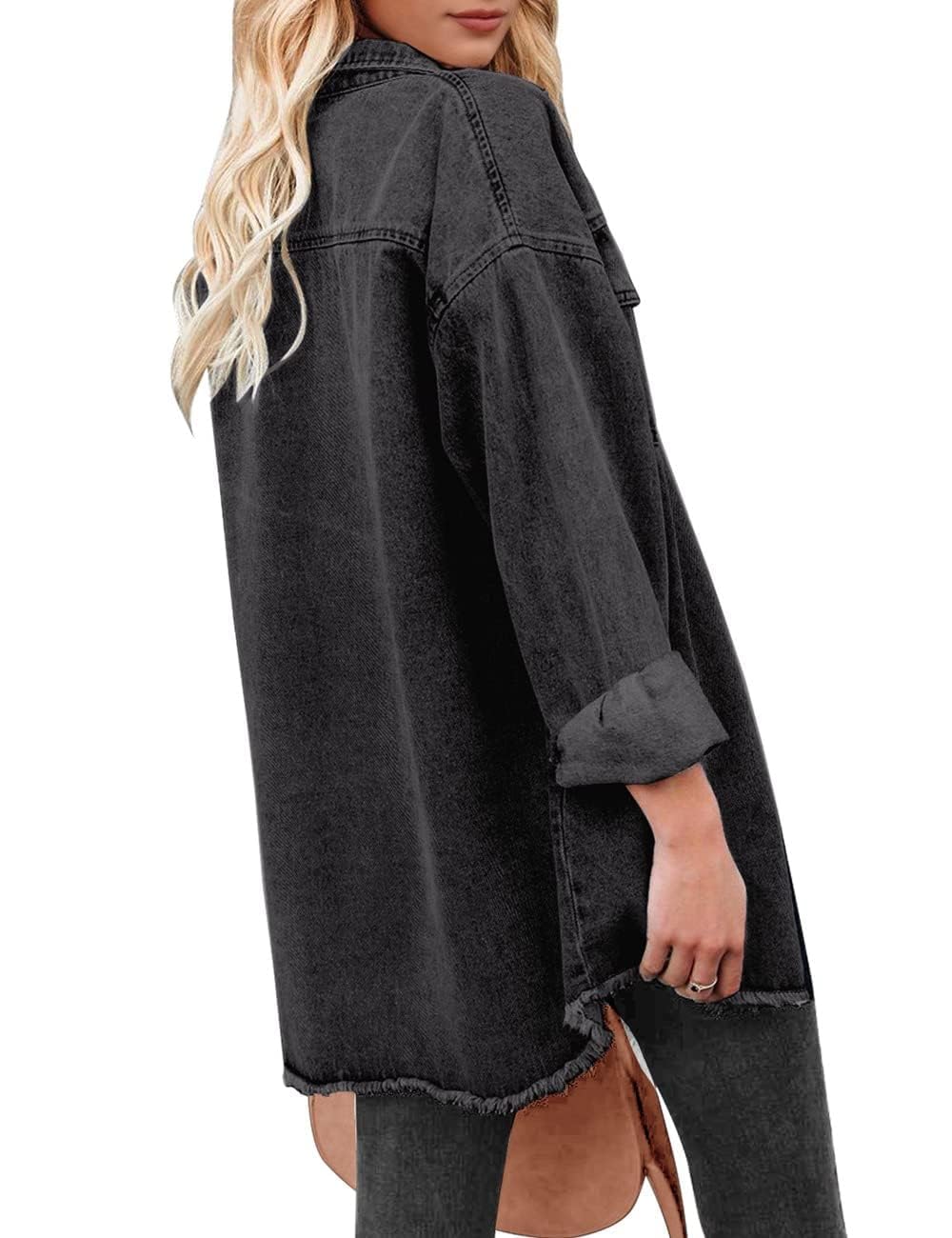 Generisch Women's Oversized Button Up Frayed Hem Shacket Casual Long Sleeve Button Down Boyfriend Jean Jacket With Pocket