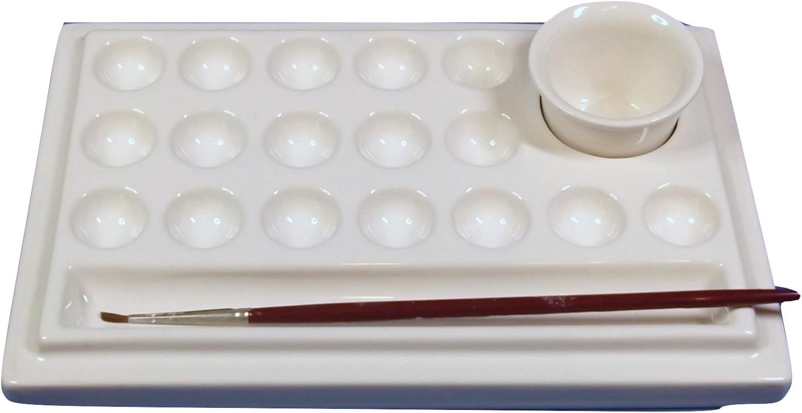 White Ceramic Artist Paint Palette 17 Wells + Gully & Separate Liquid Pot