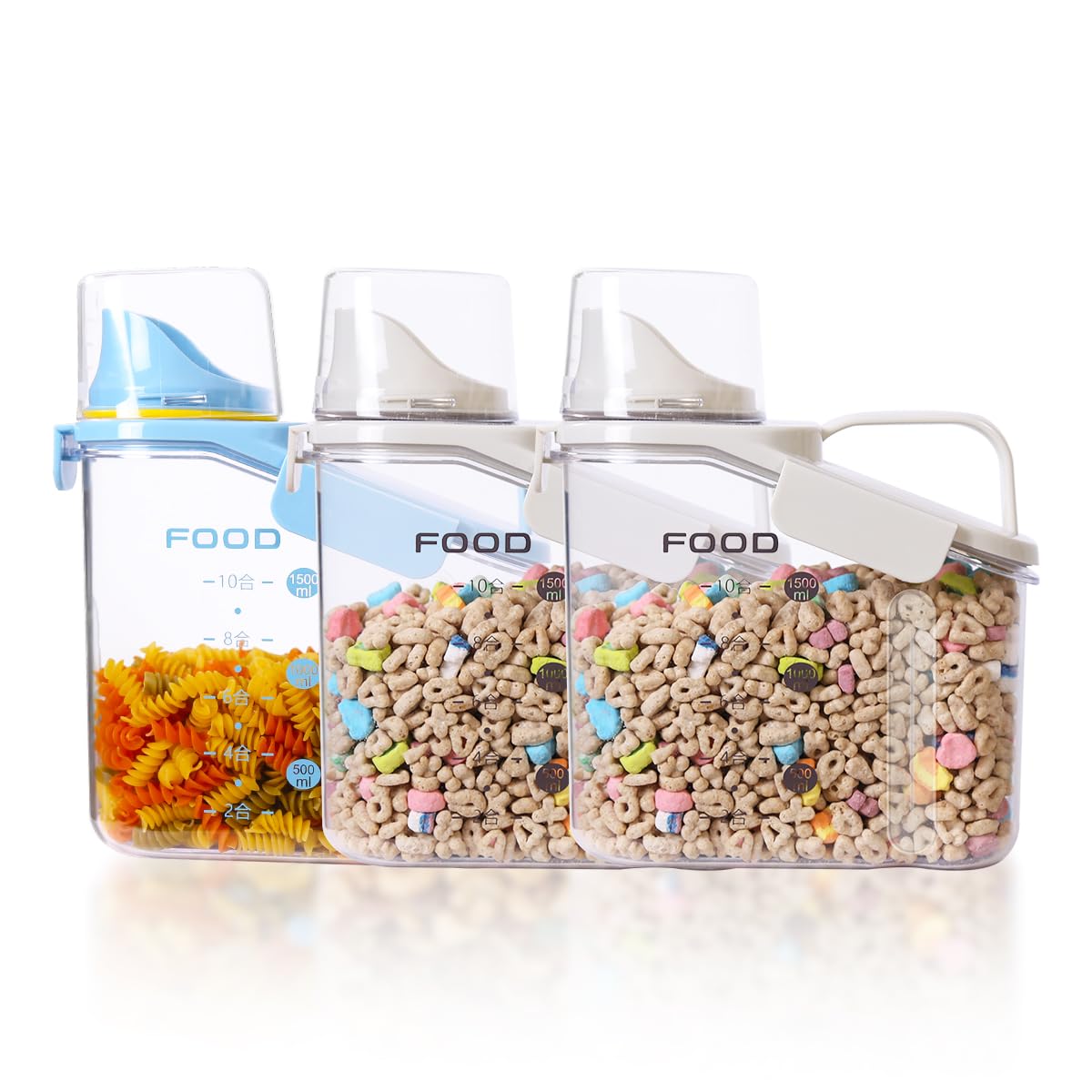 LANGMINGDE Vorratsdosen Set mit Deckel Luftdicht, Vorratsbehälter Küchen Aufbewahrung Organizer Spender für Trockenen Lebensmittel Schüttdose Müsli Getreide Mehl (3er Set x 1.5L - Weiß+Weiß+Blau)