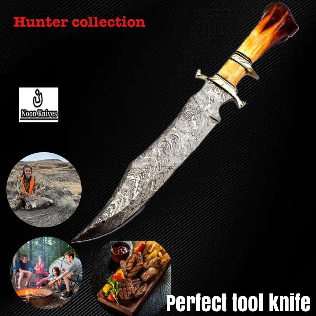 Hand Made Damascus Steel Collectible Bowie Knife Handle Camel Bone (Red)