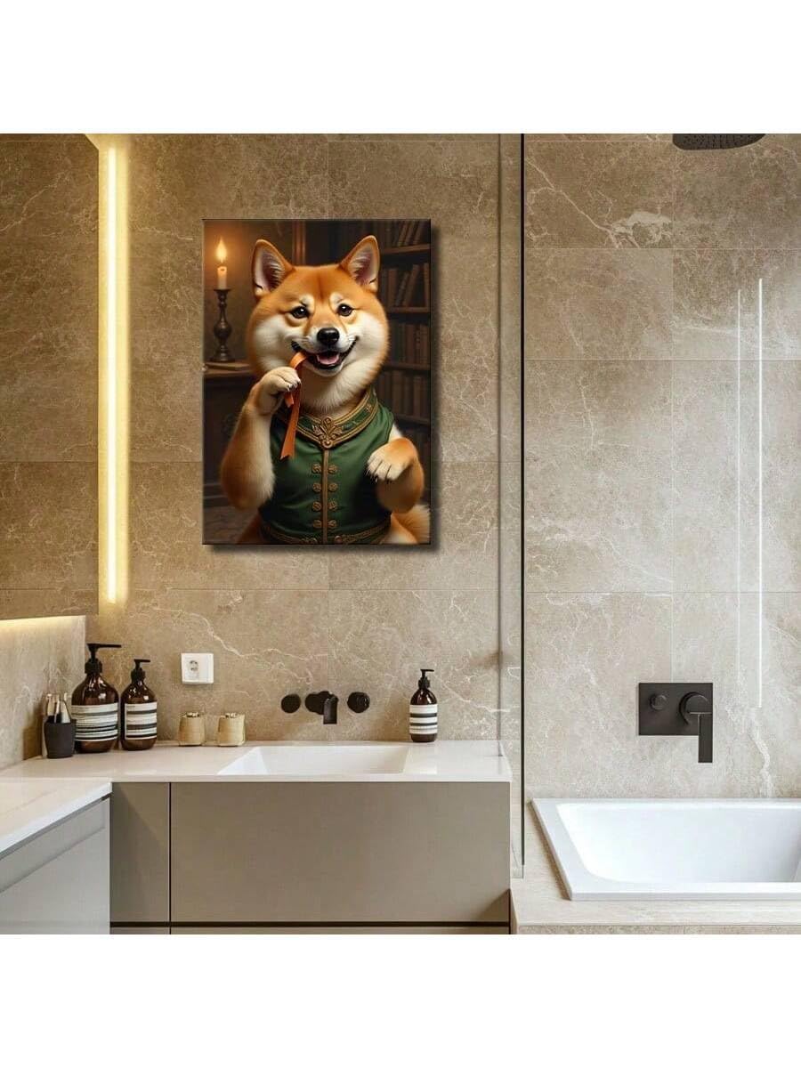 1 sztuka vintage portret zwierząt domowych płótno sztuka ścienna – piękny Shiba Inu uśmiechnięte plakaty nadruk, do salonu sypialni (30 x 40 cm / rama wewnętrzna)