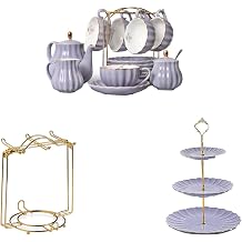 Sweejar Porcelain Tea Sets British Royal Series, 8 OZ Cups& Saucer Service for 6 and 3 Tier Ceramic Cake Stand Cupcake Stand and Foldable Tea Cups Display Stand Espresso Cups Holder
