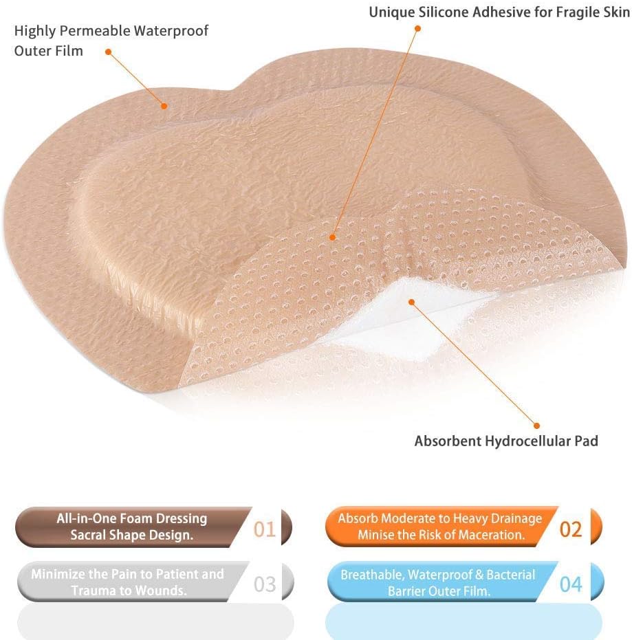 Sacral Silicone Foam Dressing with Border for Sacrum Ulcer, Pressure Ulcer, Butt Bed Sore, Size 7''x7''(4.9''x5.3'' Pad), Painless Removal High Absorbency, Bedsore Wound Bandage,5 Pack : Health & Household
