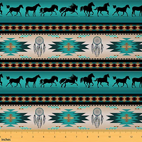 Horse Upholstery Fabric, Dream Catchers Fabric by The Yard for Cowboy Cowgirl, Southwestern Native Aztec Horses Decorative Fabric, Bohemian Tribe Farmhouse Wildlife Animal Fabric, Green, 1 Y
