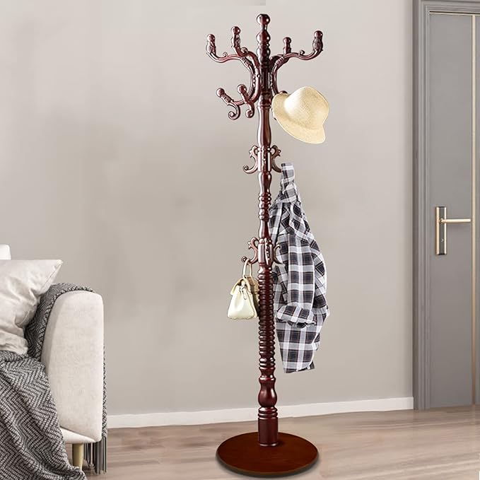Wooden Coat Rack Stand, HighGrade Coat Racks freestanding with 14 Hooks & Stable