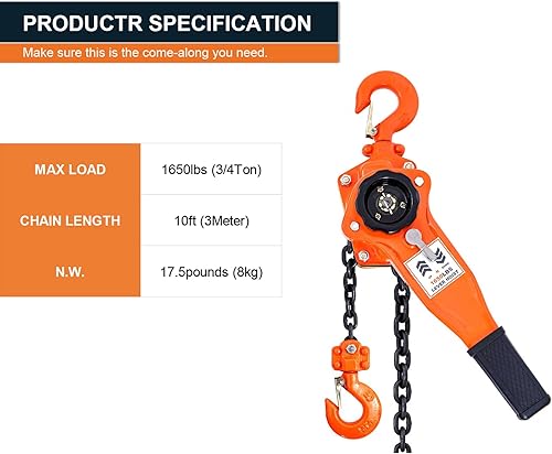 Miniatura 2 de Polipasto de cadena de palanca de 1650 libras, 10 pies, 3/4 toneladas vienen a lo largo de los polipastos de tracción de trinquete para elevación