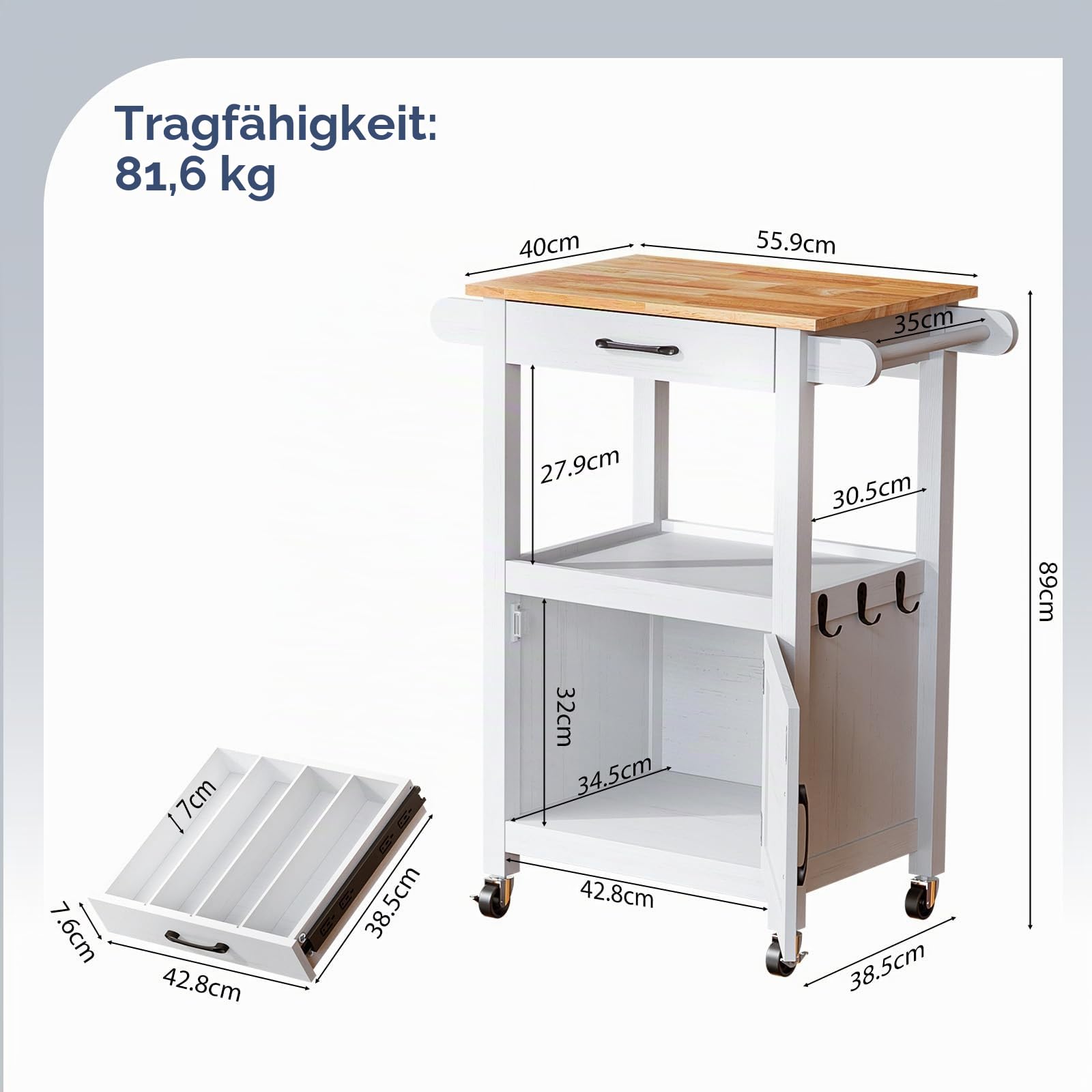 Bonnlo Servierwagen mit Rollen, Küchenwagen mit Arbeitsplatte und Schubladen, Scheunentor-Design in Schwarz, Holzrelief, Metallgriff & Gummibaum-Platte, 74x63x89cm (Weiß)