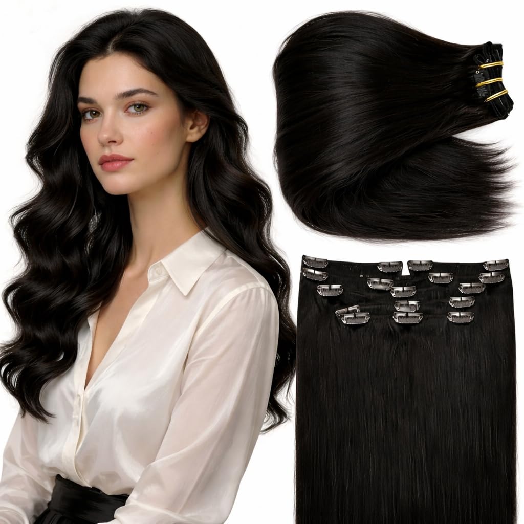 Fshine Clip in Hair Extensions Human Hair, 1B Natural Black, 10 Inch, 95G, 7 Pcs, Double Weft Real Remy Brazilian Hair, Add Volume for Bob Hair, Thick Asian Hair, Short Hair Topper, Easy Clip Glueless — view 23
