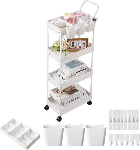 danpinera 4-Tier storage trolley, storage trolley on wheels, beauty trolley with Dividers & Hooks & Hanging Cups, kitchen trolley, storage cart for Kitchen, Make-Up, Bathroom, Office, White - 1
