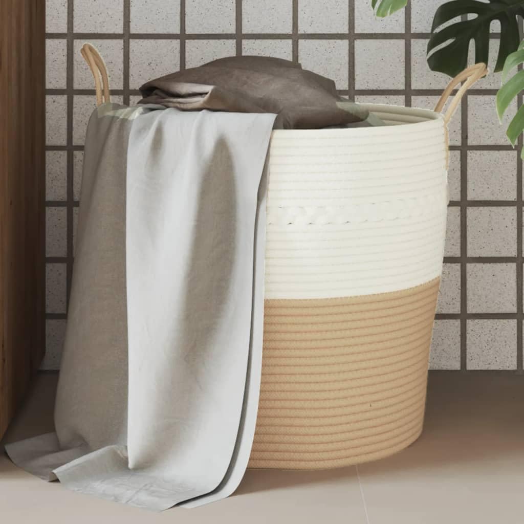Runder Aufbewahrungskorb aus Baumwollseilen, beige-weiß, Ø43x38 cm, faltbar und platzsparend, mit robusten Griffen für einfachen Transport, vielseitig nutzbar für Kleidung,