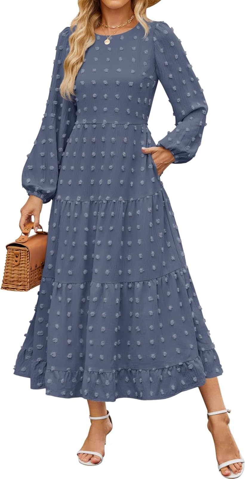 LLECDASEUI Women's Fall Boho Midi Dress Swiss Dot Tiered Flowy Long Sleeve Round Neckline A-Line Wedding Guest Dress, Dusty Blue, M