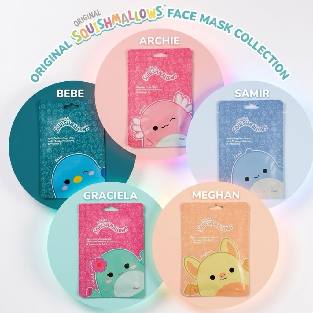 5-częściowy zestaw maseczek do twarzy Squishmallows - kokos, truskawka, mango, jagoda i arbuz, idealne na nocowanie dla dziewcząt lub zabawne piżamy.