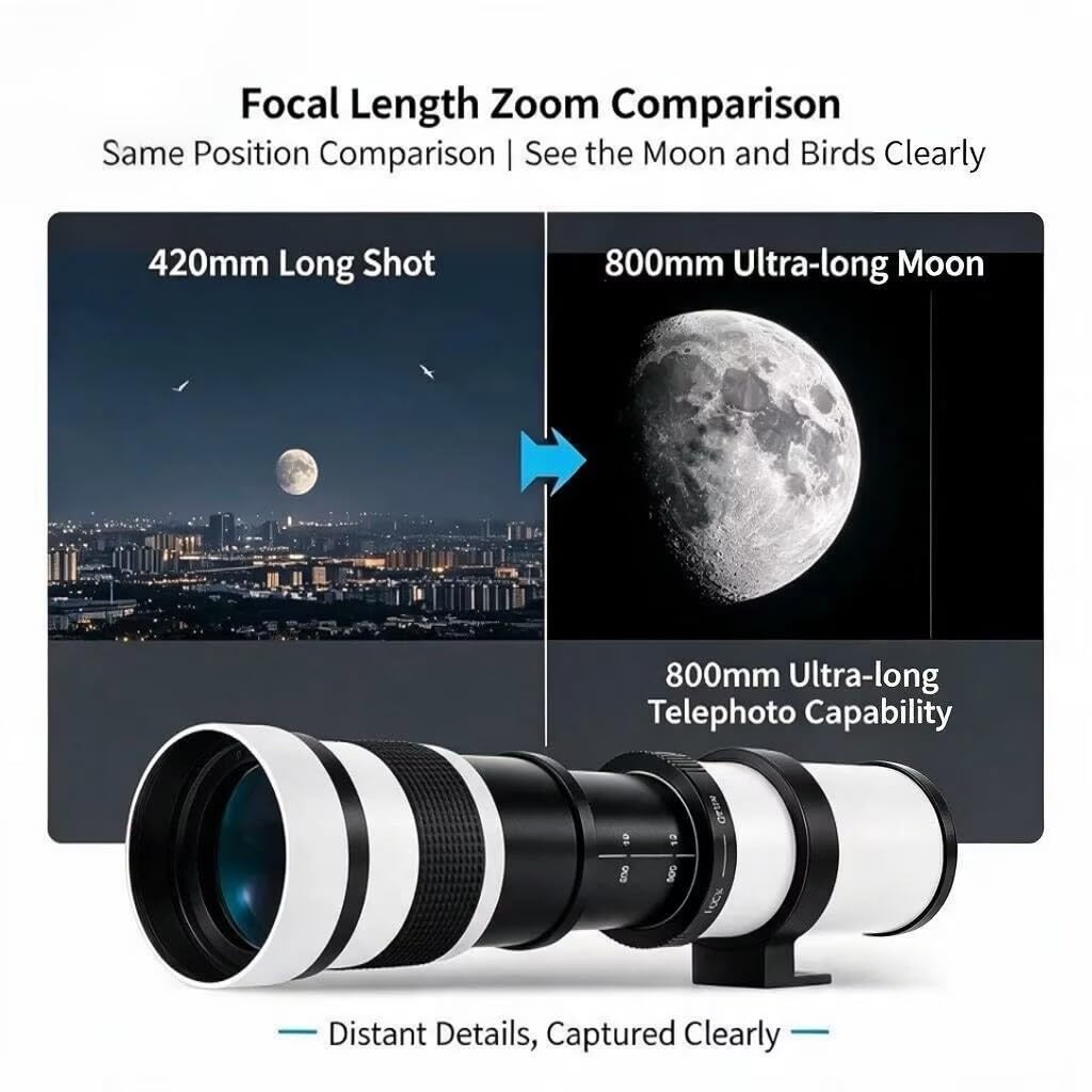 Teleobjektiv JINTU 420-800mm F8.3, EF Objektiv Manueller Fokus für Canon EOS 4000D 2000D 1500D 850D 800D 750D 600D 500D 90D 5D III D90 D5600 D5200 D5100 D7200 D7100 D3100 D3200