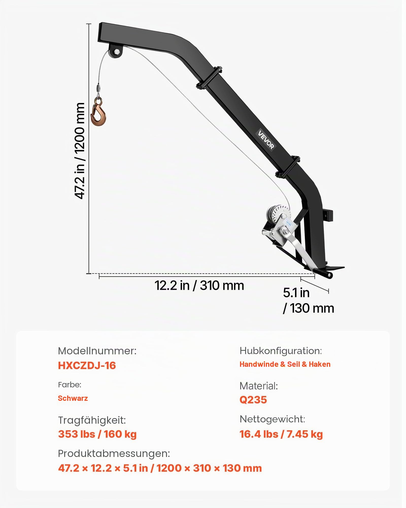 VEVOR Game Hoist zur Baummontage, Tragkraft 160 kg, Wildhebezeug mit Ratschengurt, Hochleistungs-Hirschaufhänger zum Häuten, Säubern, Aufhängen von Wildtieren, 1200 x 310 x 130 mm, Schwarz