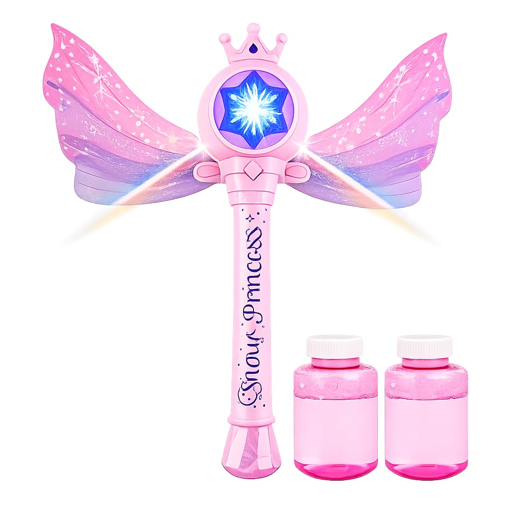 Kids Princess Bubble Wand with Lights & Music – USB Rechargeable Magic Fairy Wand Toy with Wings & Bubble Bottles for Girls 3+ Years
