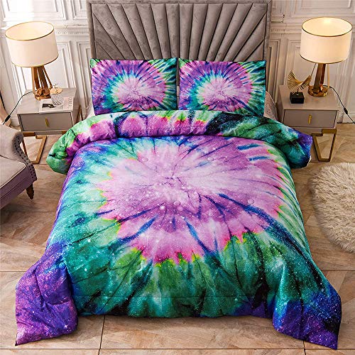 Sisher Tie Dye Galaxy Comforter Set, Colorful Psychedelic Swirl Pattern Pink Quilt, 2Pcs (1 Purple Comforter, 1 Pillowcase) Boho Bedding Set Twin For Girls Teens #TOP4