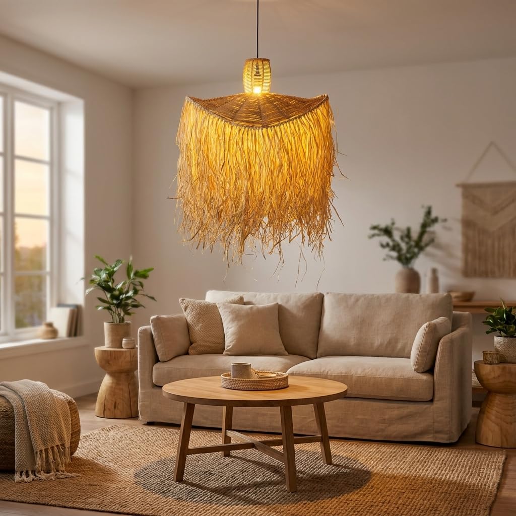 Alpinaluz Lámpara Colgante Rafia Natural D60 cm E27 con Flecos | Cable ajustable 130 cm, estilo boho mediterráneo y pantalla artesanal para salón, comedor o dormitorio