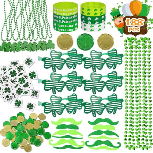 Max Fun 188Pcs St Patricks Day Accessories Party Favors Set Decorations Kids Saint Patricks Day Irish Decor Green Beads Shamrock for Parades Supplies