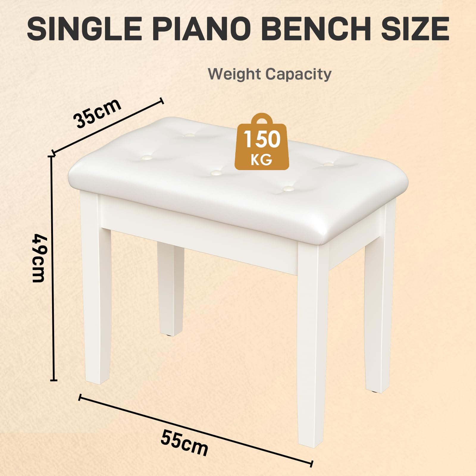 MAMIZO Sgabello per Pianoforte con Spazio di Archiviazione, 55x35x49CM | Panca Pianoforte con Cuscino in Pelle PU, Gambe in Legno Massello, Carico Massimo 150KG, Bianco