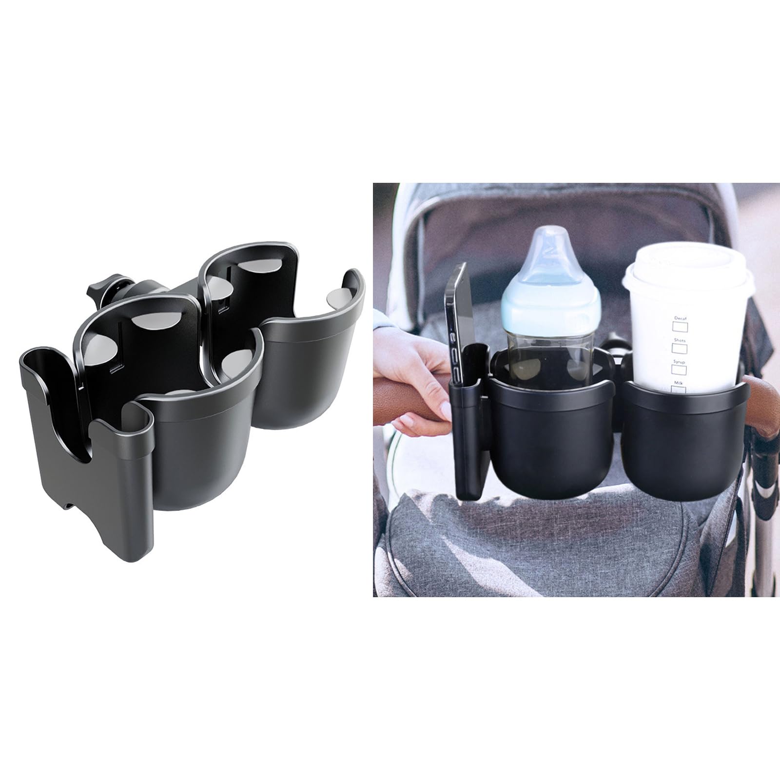 Getränkehalter für Kinderwagen, 360° drehbar, Doppel-Flaschen-Organizer mit Handy für Rollstuhl, Walker, Handy für Kinderwagen