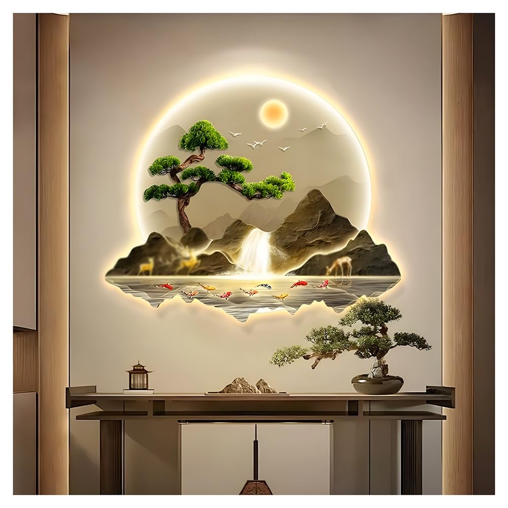 3D Decoración De Pared Con Luces Led, Metal Wall Art Home Decor Decoración De Pared Arte Lámpara, Paisaje Pintura De Pared Arte Colgar Cuadros, Para Dormitorio Salón Oficina(Gold-B,70x58cm/27.6x22.8in