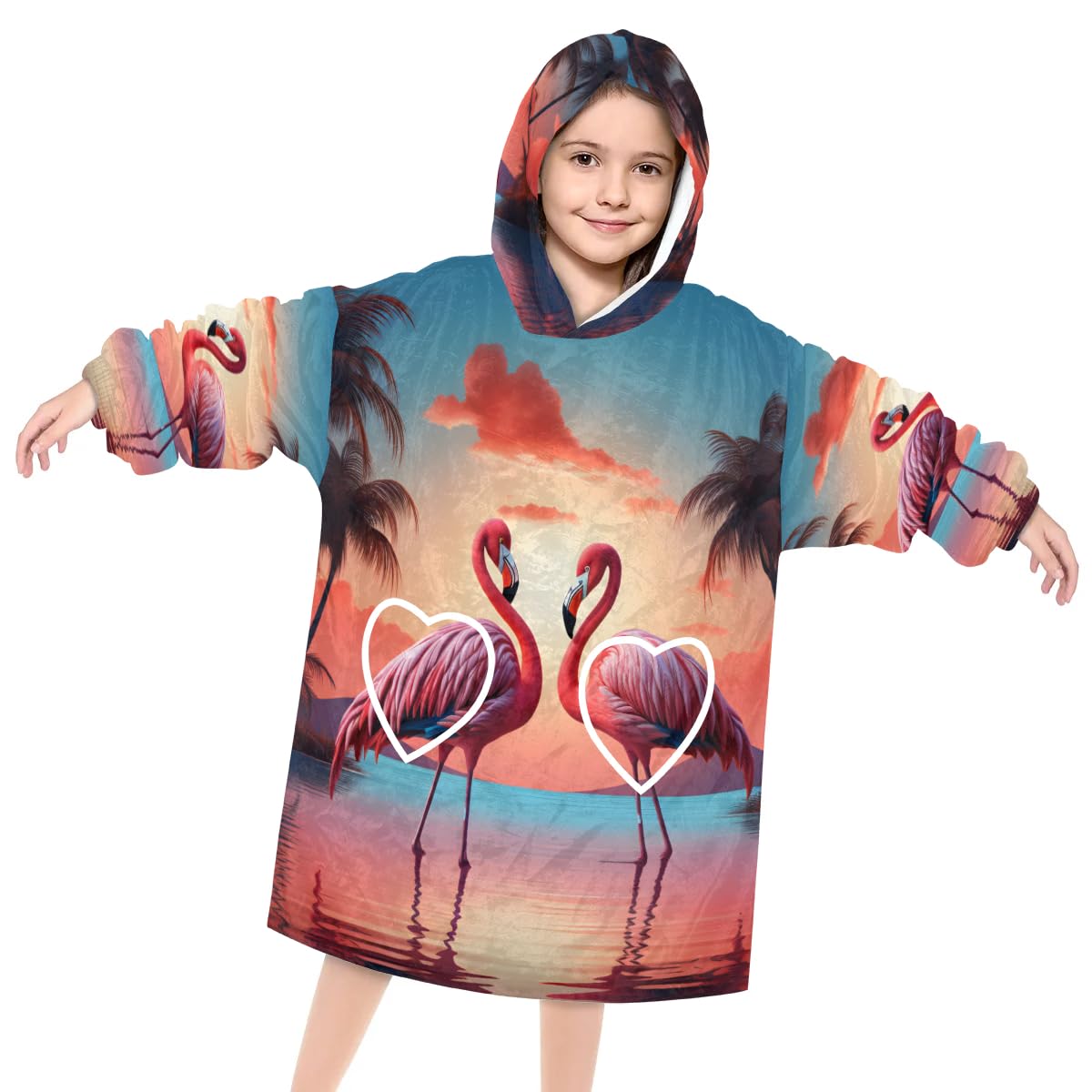Wearable Blanket Hoodie for Kids, Charming Flamingo Fleece Sweatshirt Blanket Oversized Blanket Sweatshirt with Pocket Flannel Warm Hooded Blanket 6-10 Year Old Girl Boy Gift, One Size