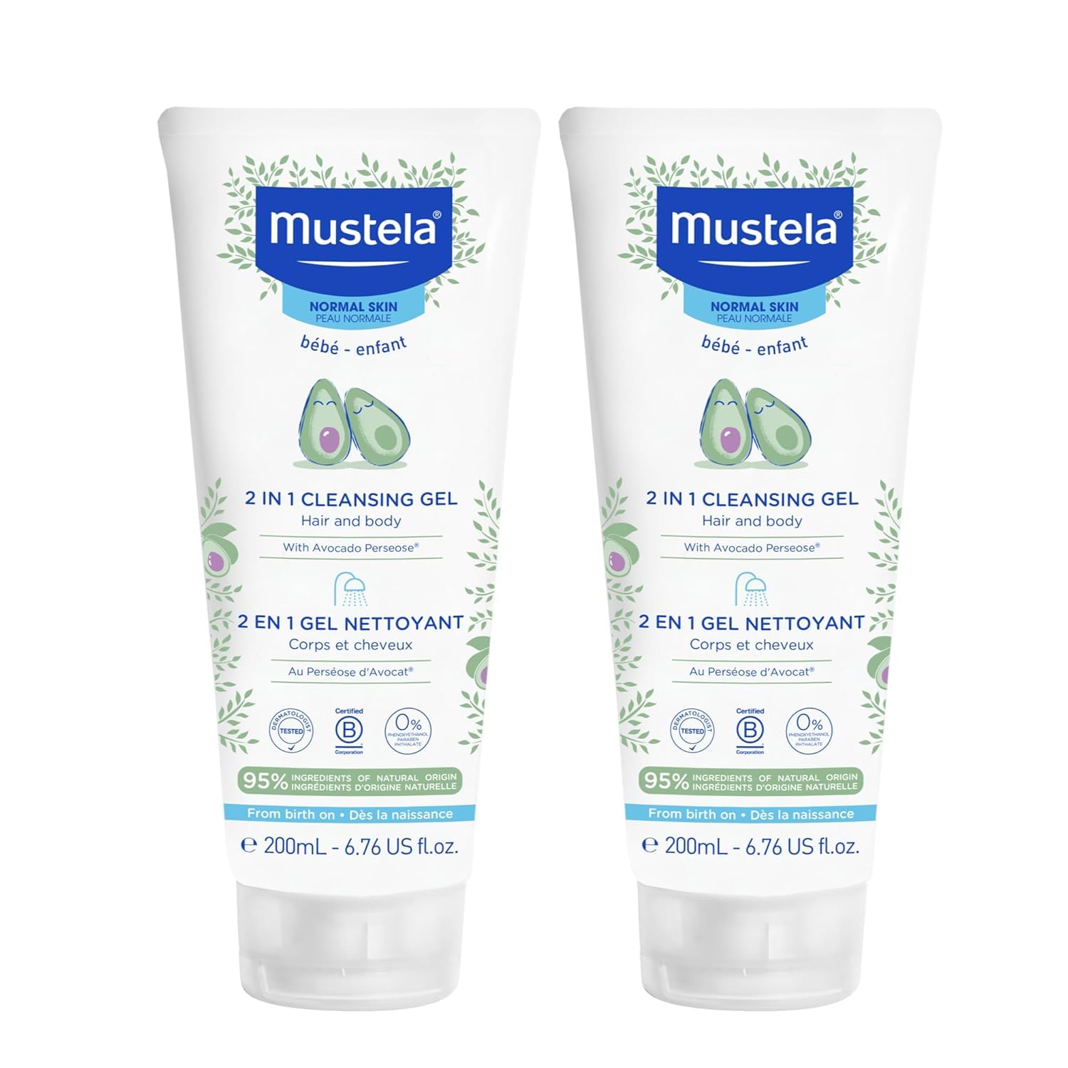 Mustela Baby 2-in-1 Cleansing Gel - Baby Body & Hair Cleanser - with Natural Avocado - Biodegradable Formula & Tear-Free - 6.76 fl. oz. - 1 or 2-Pack