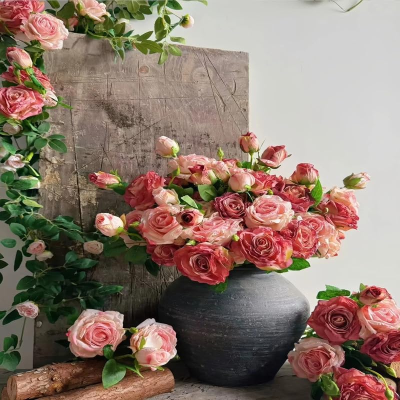 10Pcs Artificial Roses Flowers for Vase -22",Bulk Vintage Faux Silk Burnt Edge Rose Long Stems for DIY Bouquets Wedding Centerpieces Home Decor (No Vase)