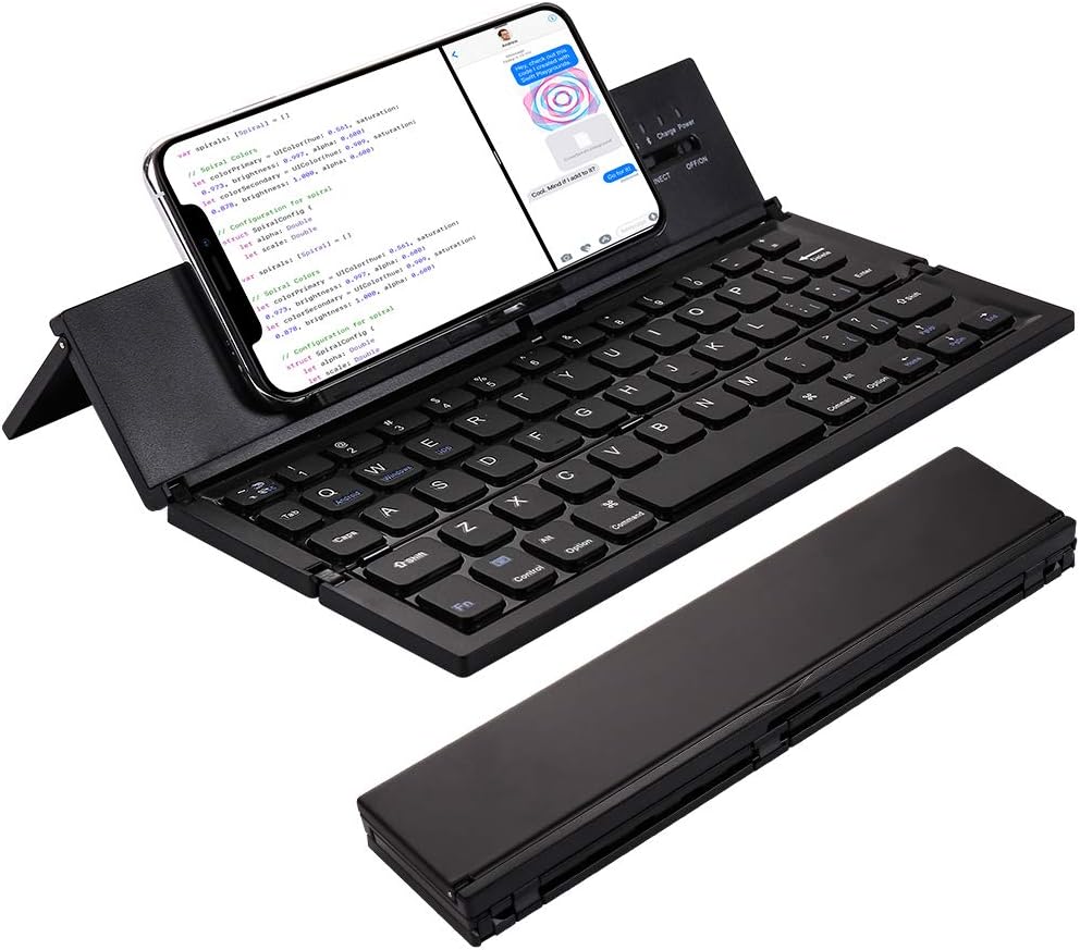 Foldable Bluetooth Keyboard with Phone Tablet Stand Holder for iPhone iPad Android Smartphones Tablets – Portable/Wireless BT/Small Mini Size/Rechargeable/Folding/Silent Quiet Typing (Black)
