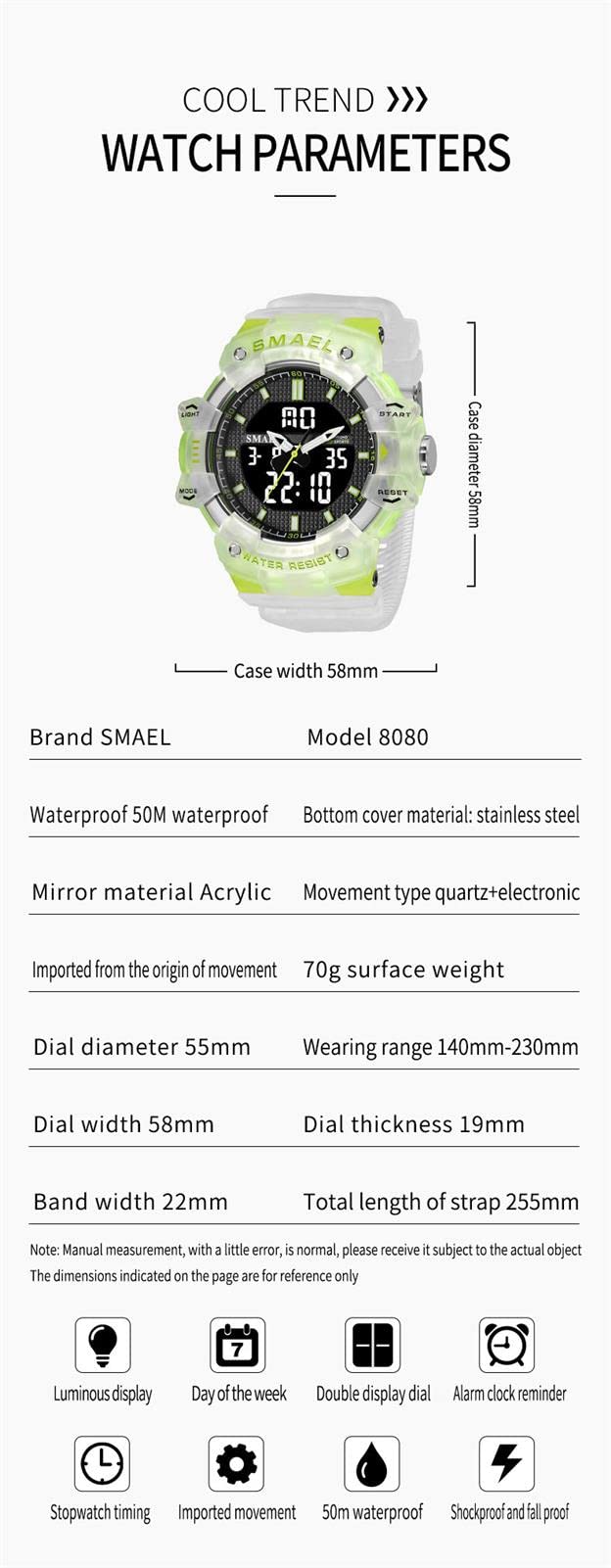 Montres Numériques pour Hommes, Montre de Sport Multifonctionnelle Étanche 50M Lumineux Double Affichage Montres Militaires Rétro-éclairage Montres Bracelets