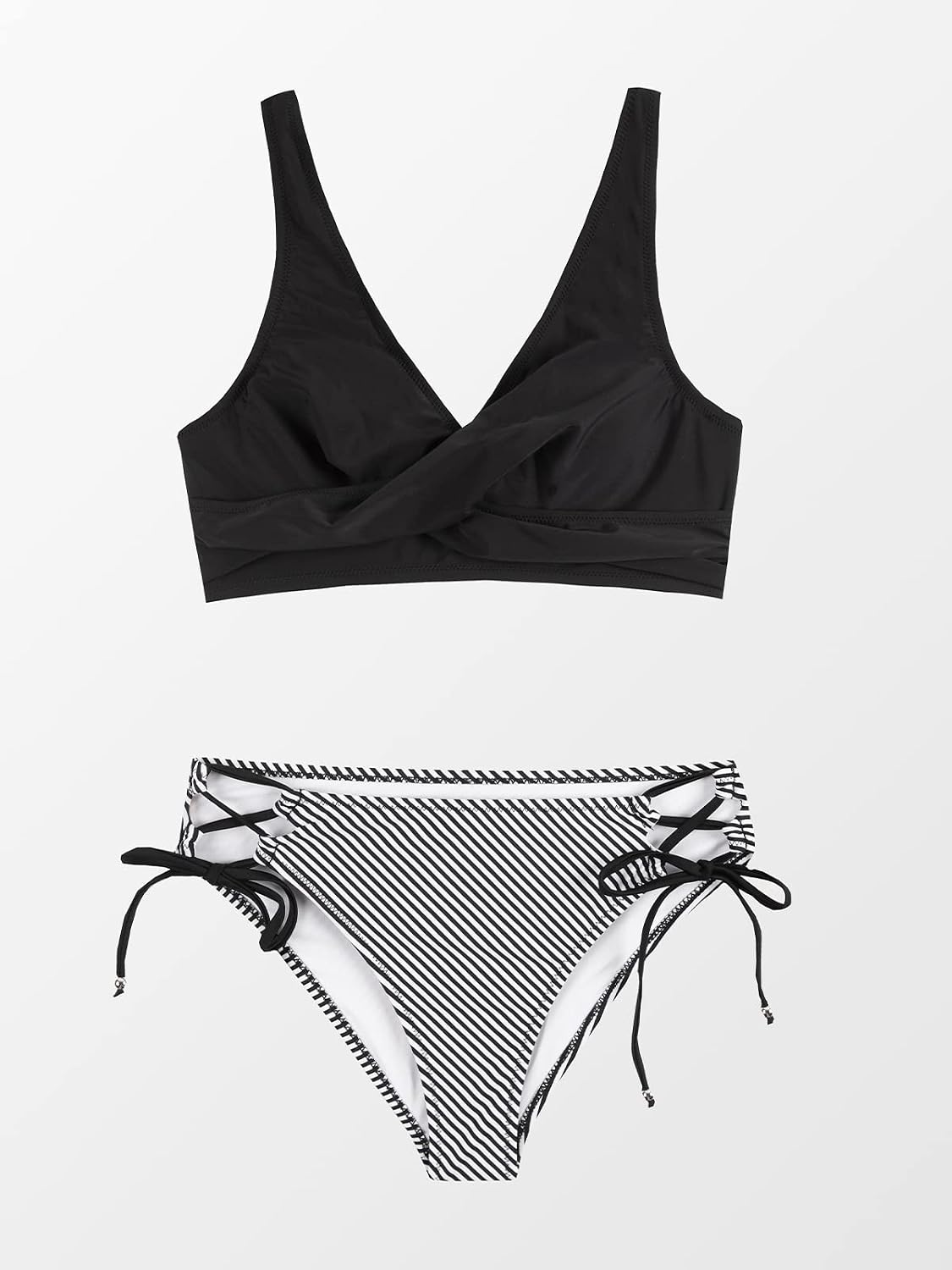 CUPSHE Women's Bikini Set Wrap Front Two Piece Bathing Suit Lace Up Back | Removable Soft Cups, Wide Straps, Back Self Tie, String Side Tie Bottom, Classic Coverage, Beach Vacation