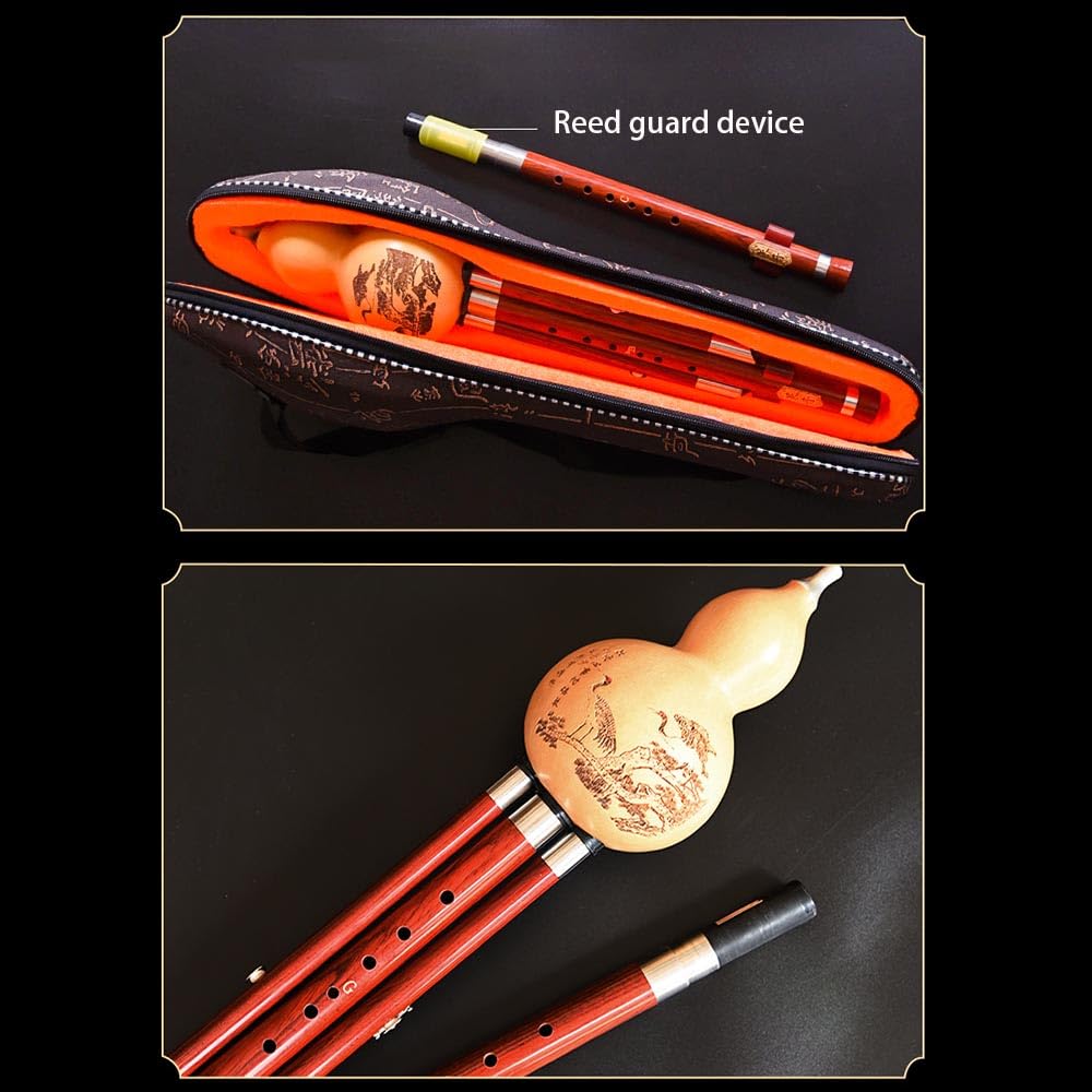 Hulusi Flûte professionnelle en forme de cucurbitacée en bois rouge double ton F+G Touche Bb+C Clé D+C mineure avec nœud chinois