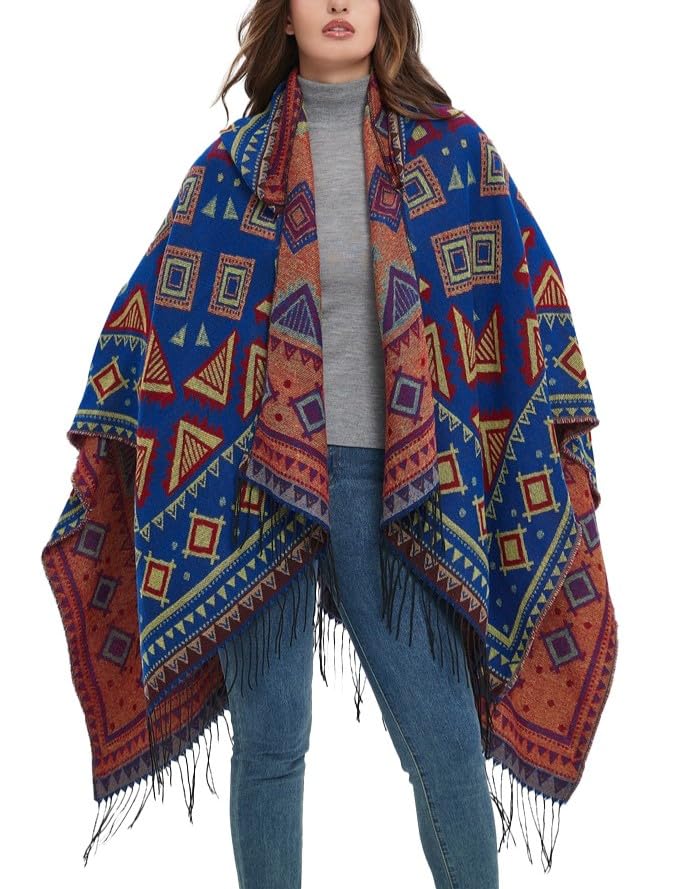 Women's Vintage Pattern Open Front Hooded Poncho Cape Shawl Winter Shawl Wraps