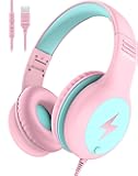 Kids Headphones Wired with Microphone, USB Type C Headphones for Kids Girls Boys with Cord/LED Lights/85/94dB Volume Limit, Portable Over Ear Headphones for School/Travel/Tablet/iPad