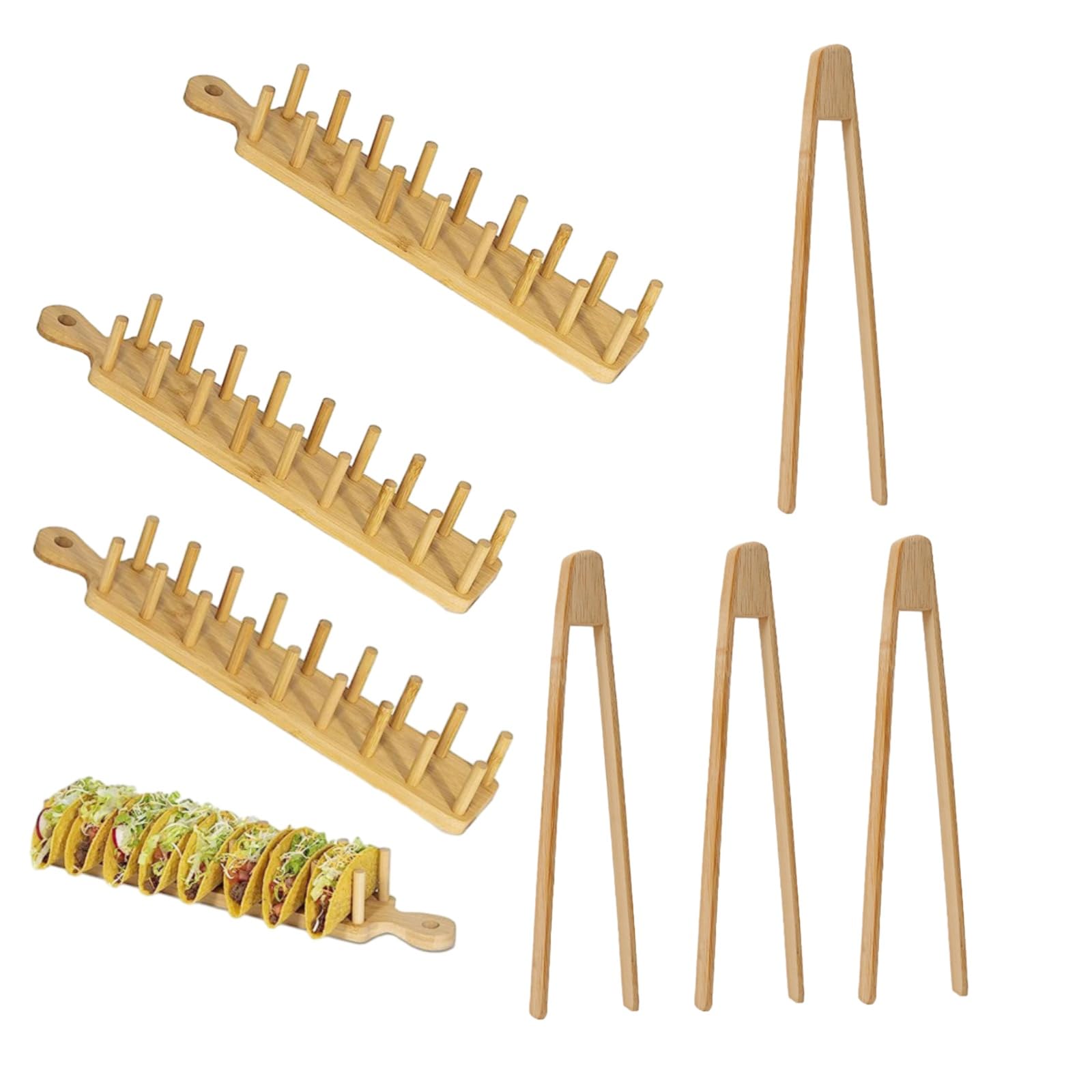Lot de 4 supports à tacos en bambou avec pince, plateau à tacos avec poignée pouvant contenir 8 tacos à coque souple ou rigide pour charcuterie, nourriture, cuisine, cadeaux, accessoires pour la