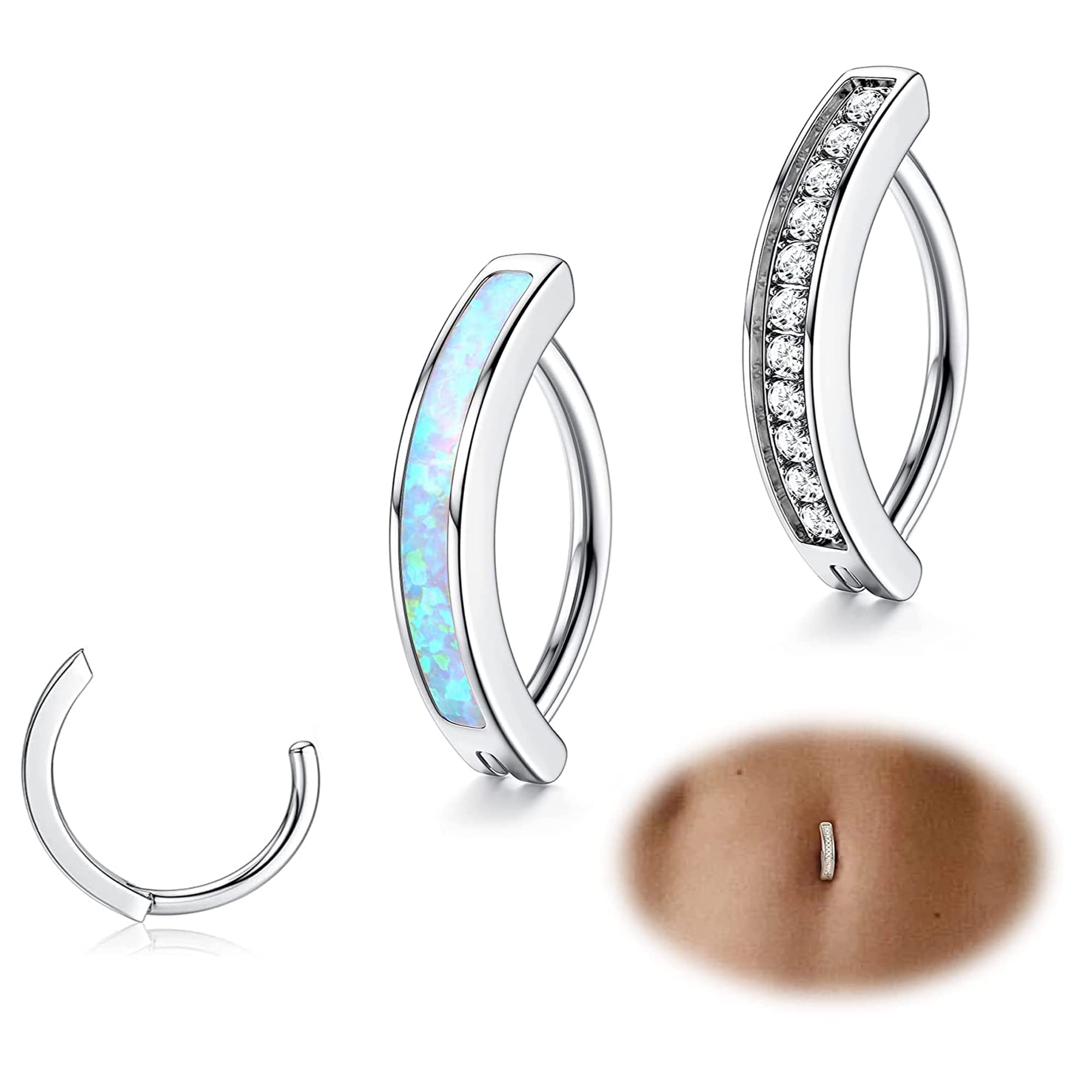 JeryWe 2Pcs 14G Clicker Anillo para Ombligo para Mujeres Anillo de Acero quirúrgico para el Ombligo CZ Opal Anillos del Vientre Simple inversa Ombligo Anillos de perforación Vientre Joyería Cuerpo