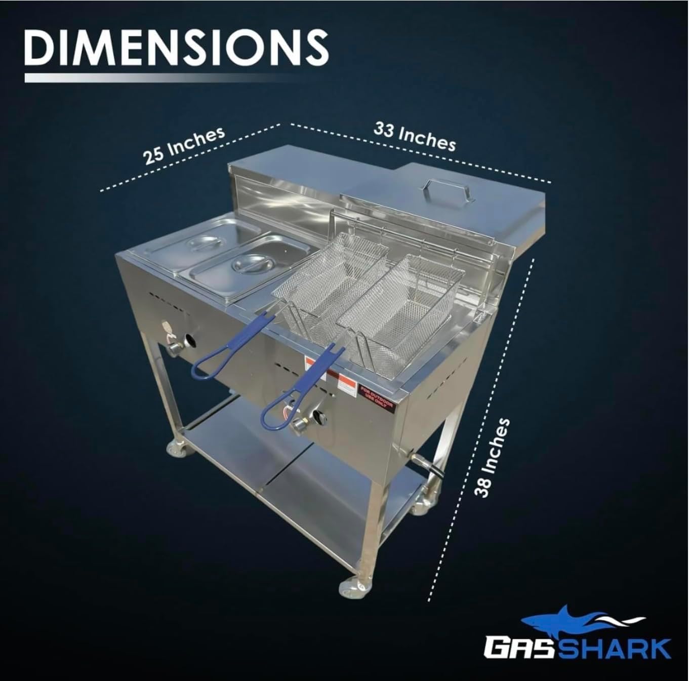 Deep Fryer Cart | 3 Gallon Single Tank | 2 Frying Baskets | 2 Pan Steam Table | Portable 4 Wheel | Stainless Steel | Frying Thermometer | Outdoor Propane Fryer for Chicken, Fish, & More